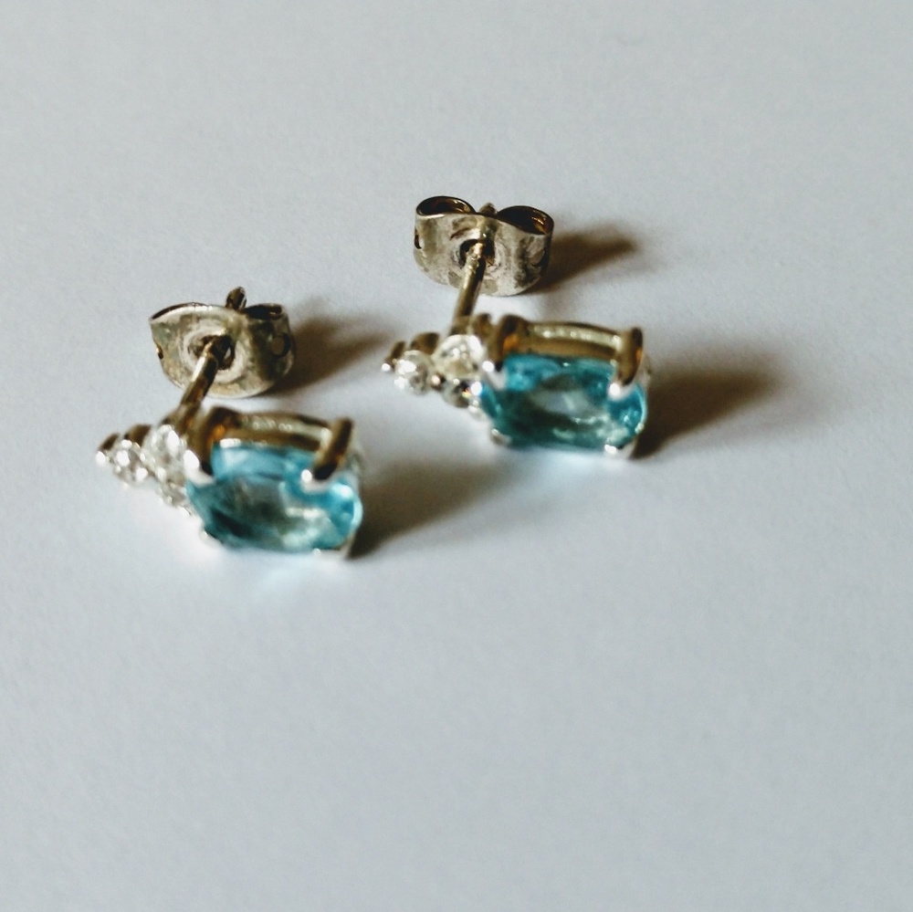 Aquamarine stud earrings sterling silver CZ